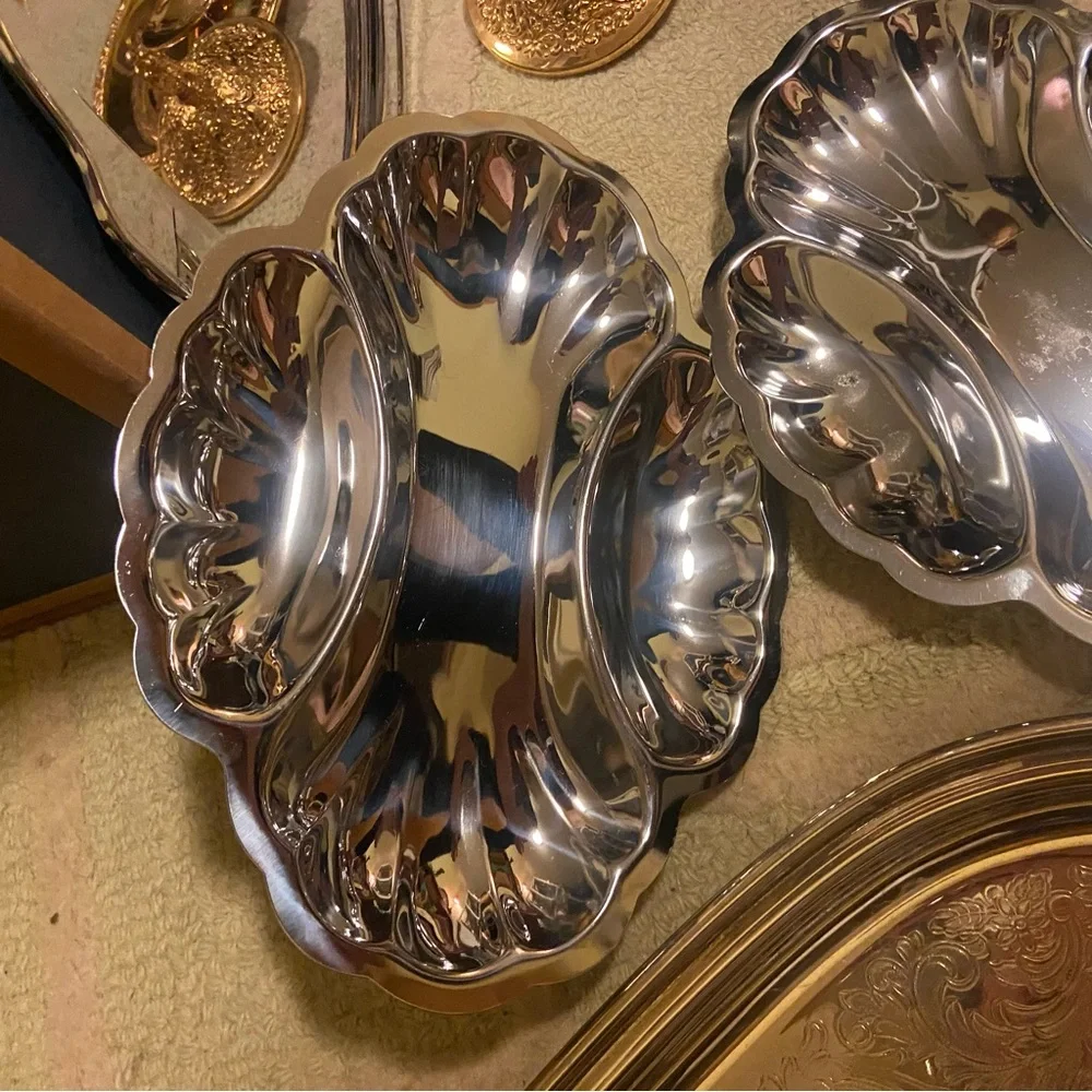 Pair of vintage shell metal platters 3 sections